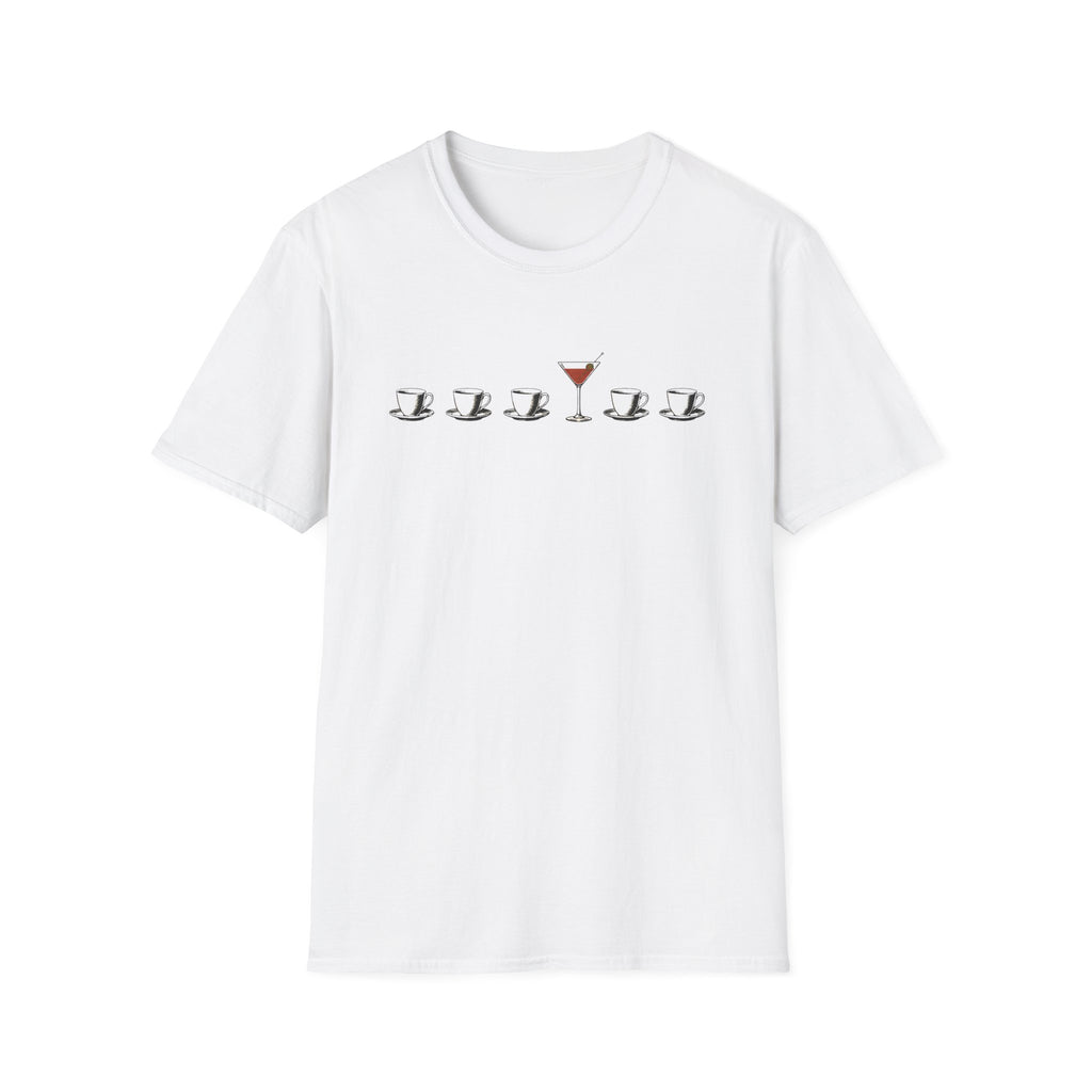 A white short-sleeve crewneck t-shirt featuring a graphic print on the chest of five coffee cups in a row, with the center cup replaced by a martini glass filled with red drink.