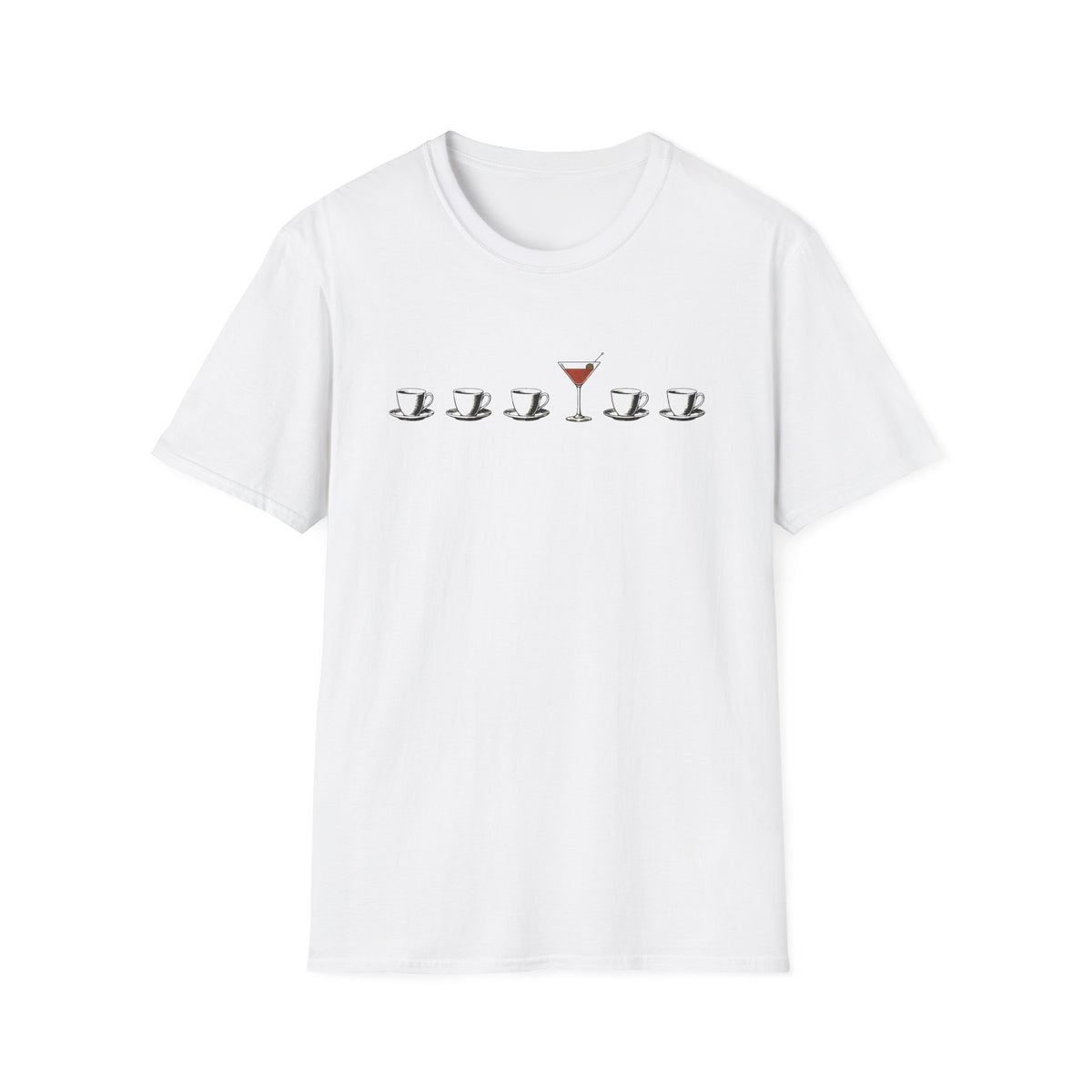 A white short-sleeve crewneck t-shirt featuring a graphic print on the chest of five coffee cups in a row, with the center cup replaced by a martini glass filled with red drink.