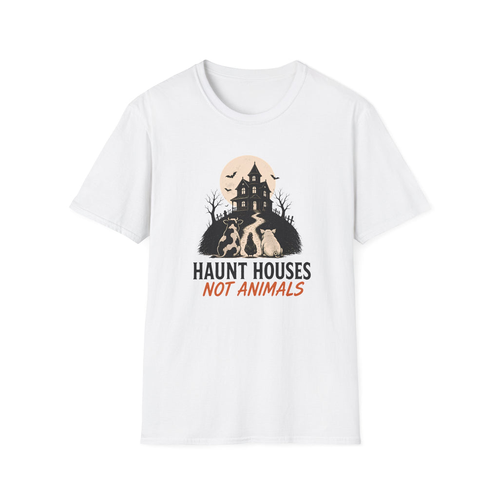A white short-sleeve crewneck t-shirt with a graphic on the chest showing a haunted house, bats, and dogs under a full moon, with the text 'HAUNT HOUSES NOT ANIMALS' in black and orange lettering.