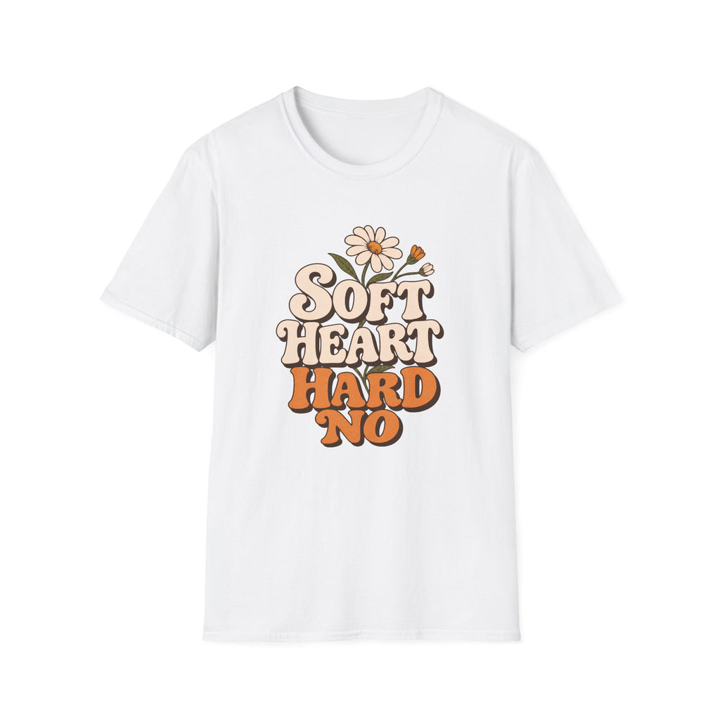A white short-sleeve crewneck t-shirt featuring a retro-style graphic on the chest that reads 'SOFT HEART HARD NO' in beige and orange lettering, decorated with a small daisy flower.
