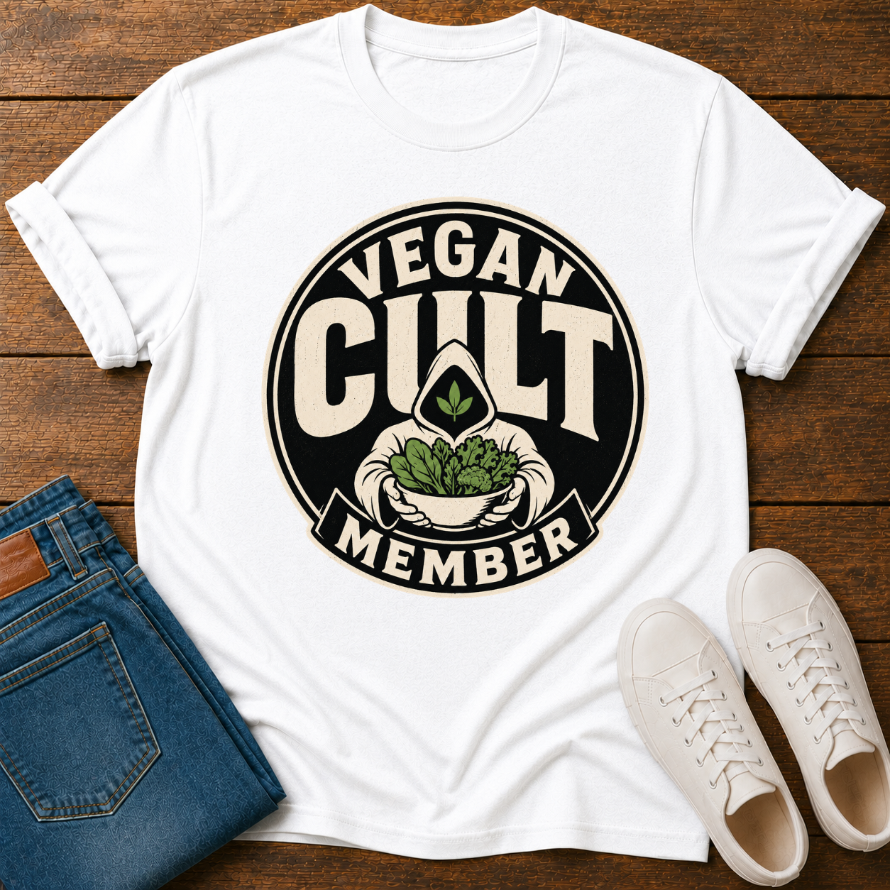 White t-shirt with 'Vegan Cult Member' design on a wooden surface with jeans and shoes.