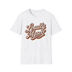 A white short-sleeve crewneck t-shirt featuring a retro-style graphic on the chest that reads 'Loudly Myself' in brown and orange cursive lettering with a white outline.