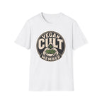 A white short-sleeve crewneck t-shirt featuring a circular graphic on the chest that reads 'VEGAN CULT MEMBER' in beige and black, with a small green leaf illustration in the center.