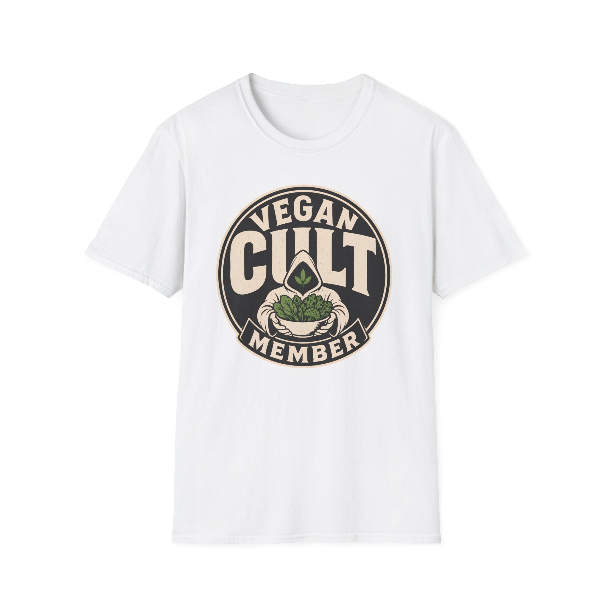 A white short-sleeve crewneck t-shirt featuring a circular graphic on the chest that reads 'VEGAN CULT MEMBER' in beige and black, with a small green leaf illustration in the center.