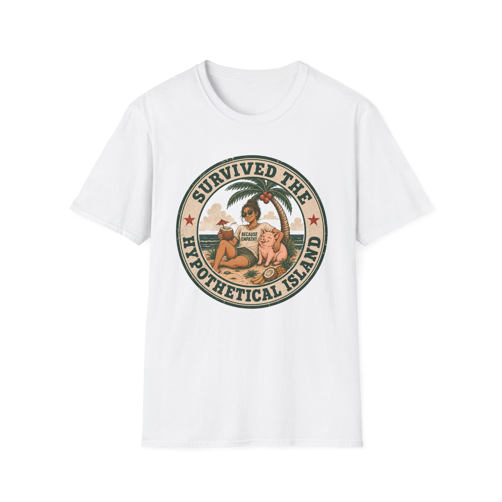 A white short-sleeve crewneck t-shirt featuring a circular retro-style graphic on the chest with the text 'SURVIVED THE HYPOTHETICAL ISLAND' and an illustration of a woman and child under a palm tree.