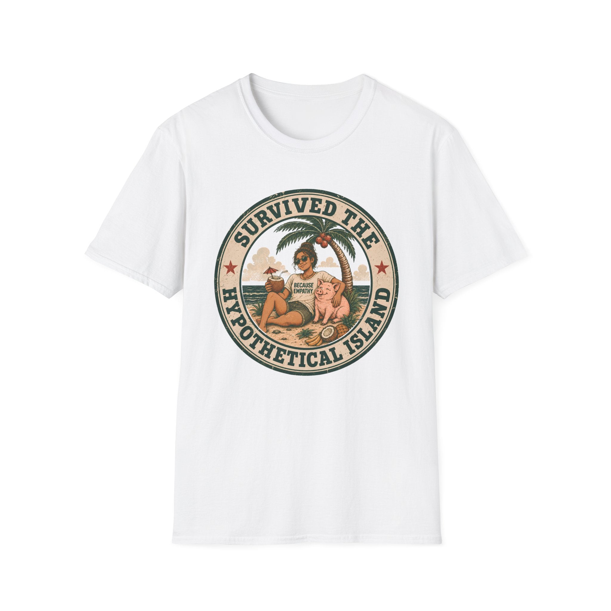 A white short-sleeve crewneck t-shirt featuring a circular retro-style graphic on the chest with the text 'SURVIVED THE HYPOTHETICAL ISLAND' and an illustration of a woman and child under a palm tree.