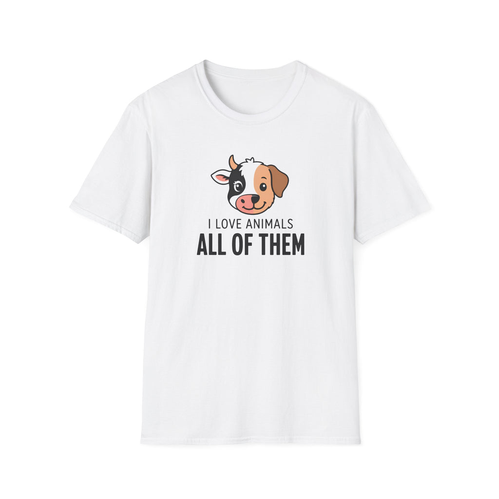 A white short-sleeve crewneck t-shirt featuring a cartoon dog graphic and the text 'I LOVE ANIMALS ALL OF THEM' printed on the chest, displayed against a solid white background.