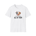 A white short-sleeve crewneck t-shirt featuring a cartoon dog graphic and the text 'I LOVE ANIMALS ALL OF THEM' printed on the chest, displayed against a solid white background.