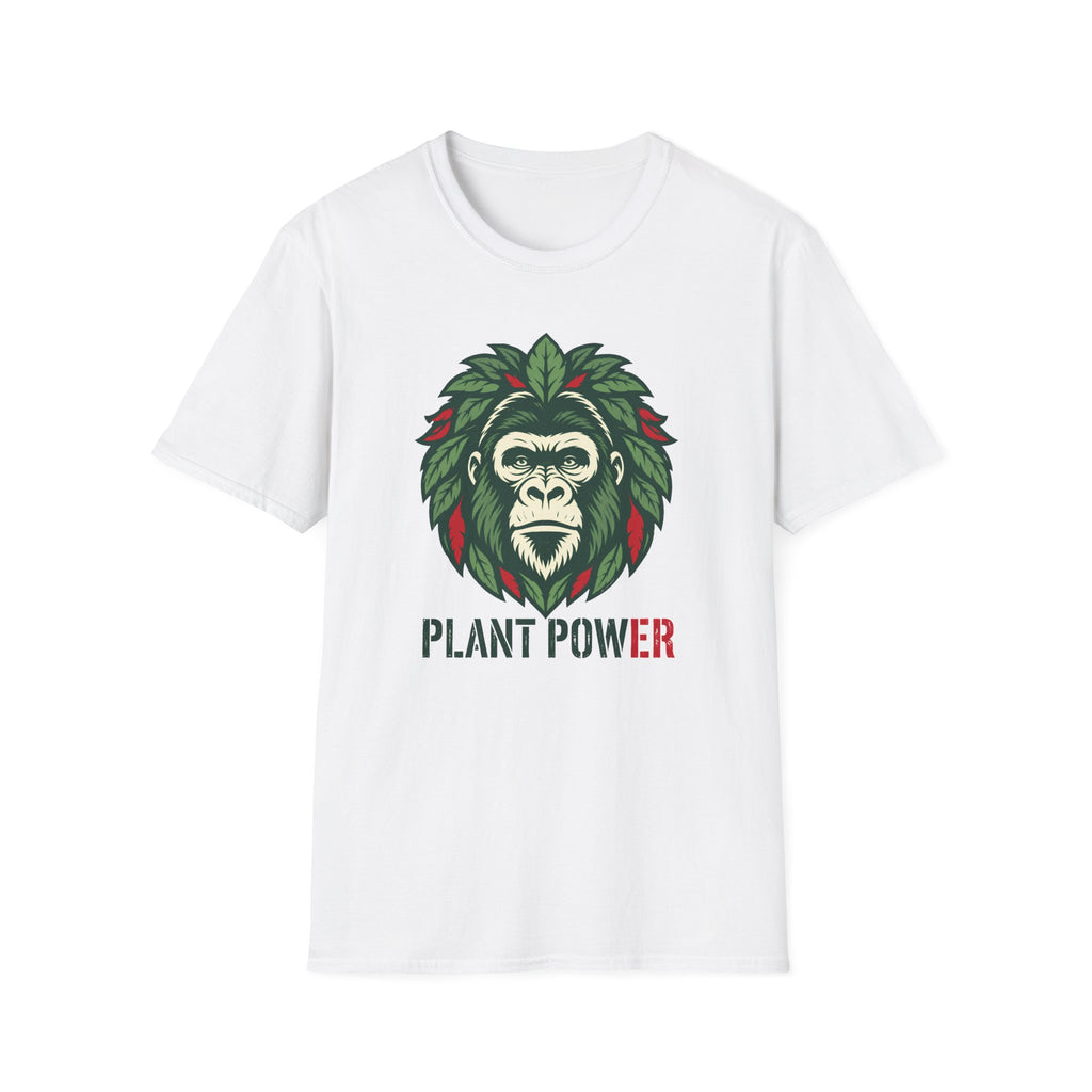 A white short-sleeve crewneck t-shirt featuring a graphic of a gorilla's face framed by green leaves, with the text 'PLANT POWER' printed below in green and red.