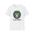 A white short-sleeve crewneck t-shirt featuring a graphic of a gorilla's face framed by green leaves, with the text 'PLANT POWER' printed below in green and red.