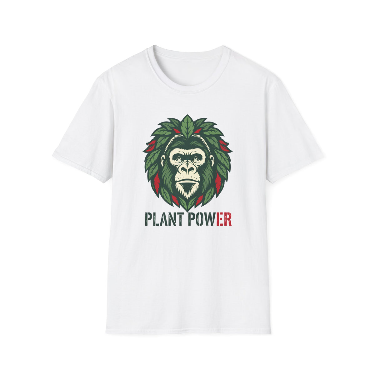 A white short-sleeve crewneck t-shirt featuring a graphic of a gorilla's face framed by green leaves, with the text 'PLANT POWER' printed below in green and red.