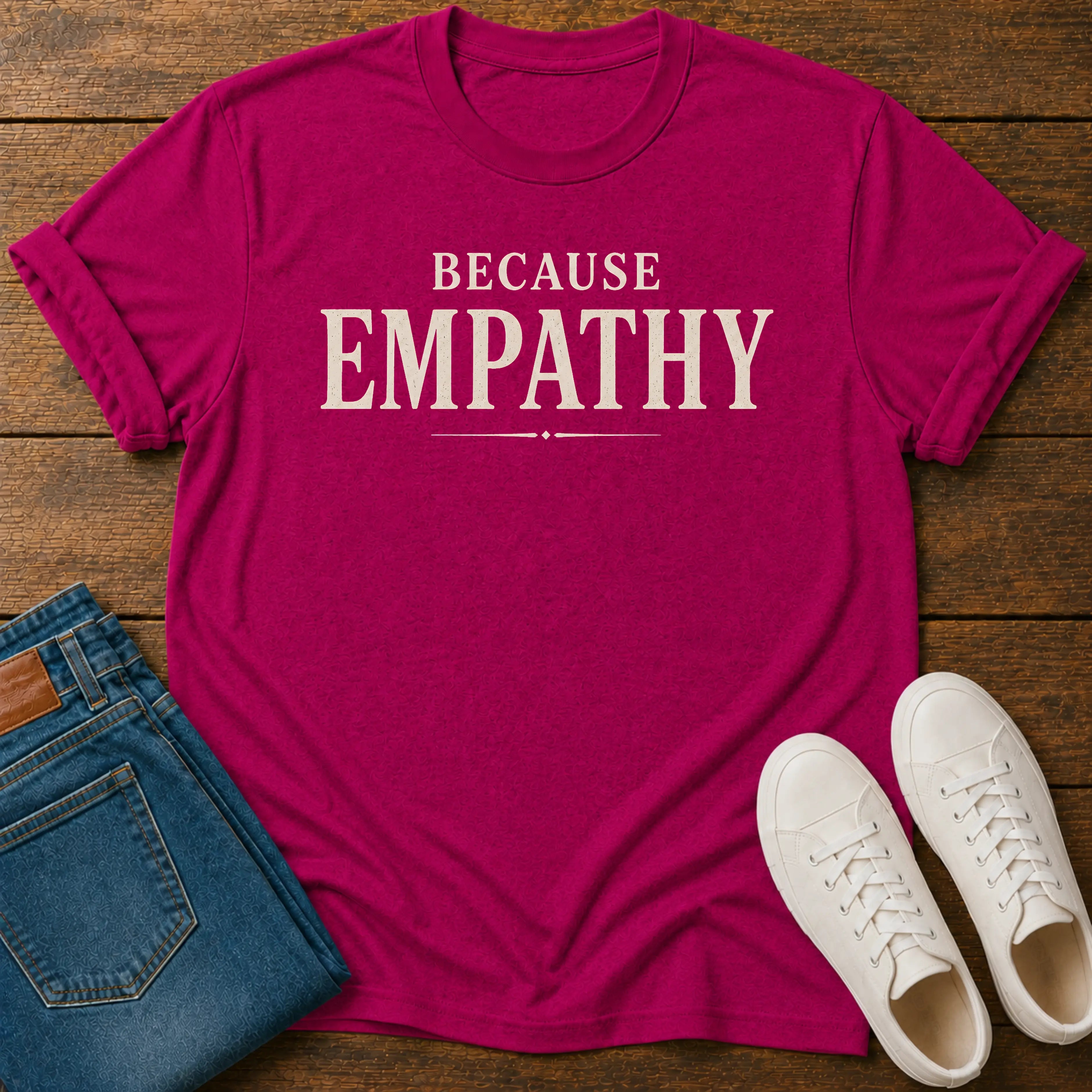 A bright magenta crewneck t-shirt with the words 'BECAUSE EMPATHY' printed in cream across the chest, styled in a flat lay on a dark wood background with blue jeans and white sneakers.