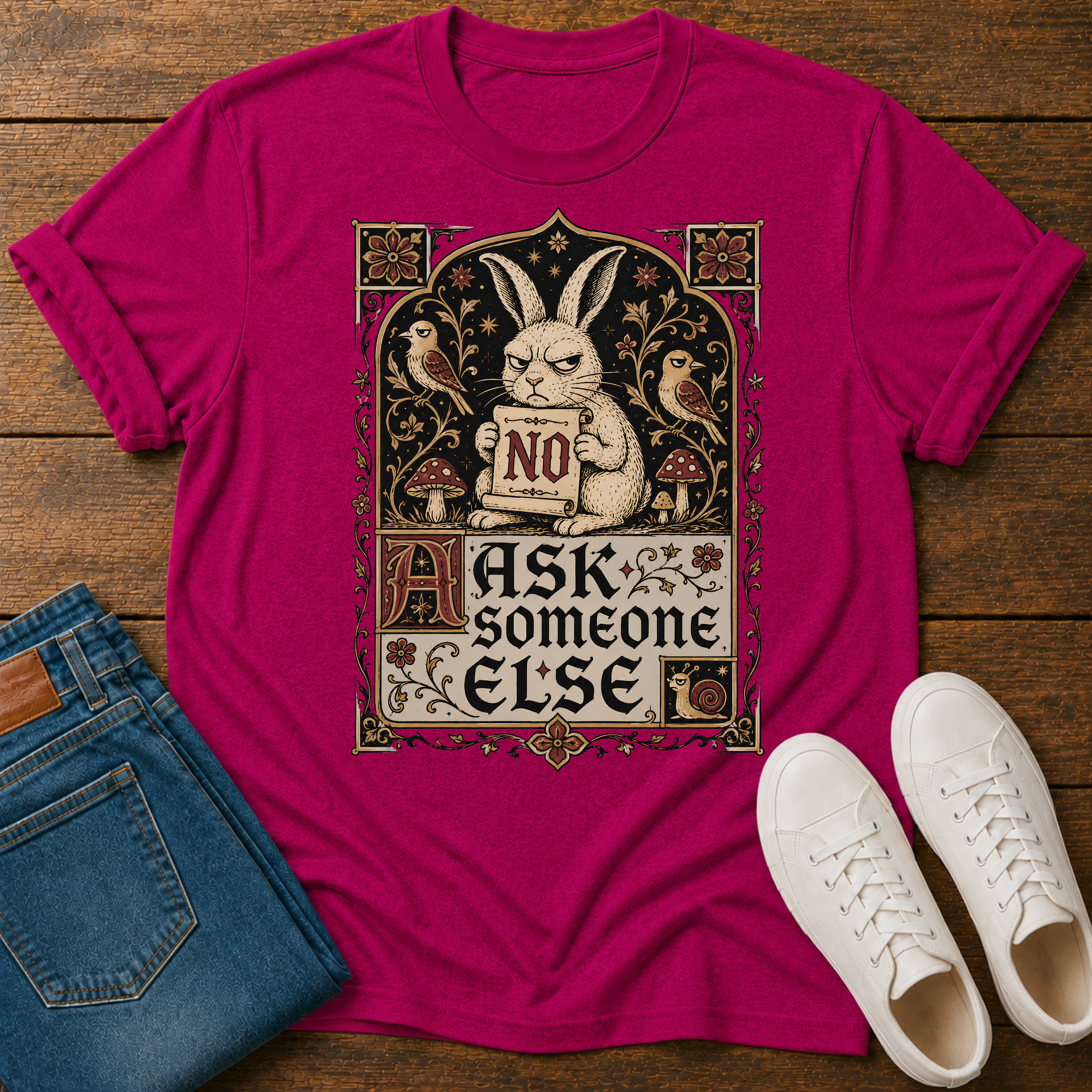 A magenta short-sleeve graphic T-shirt laid flat on a wooden surface, styled with folded blue jeans and white sneakers. The shirt features a large vintage-style bunny illustration holding a sign that says 'NO' with the phrase 'ASK someone ELSE' below.