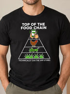 Man wearing a food chain image with text 'top of the food chain via an app'