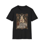 Medieval illuminated manuscript style graphic featuring a grumpy rabbit holding a scroll that reads "NO" above the words "Ask Someone Else."