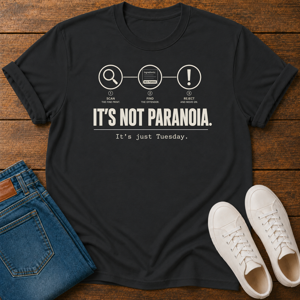 A black short-sleeve graphic T-shirt laid flat on a wooden surface, styled with folded blue jeans and white sneakers.  text 'it's not paranoia it's a tuesday'