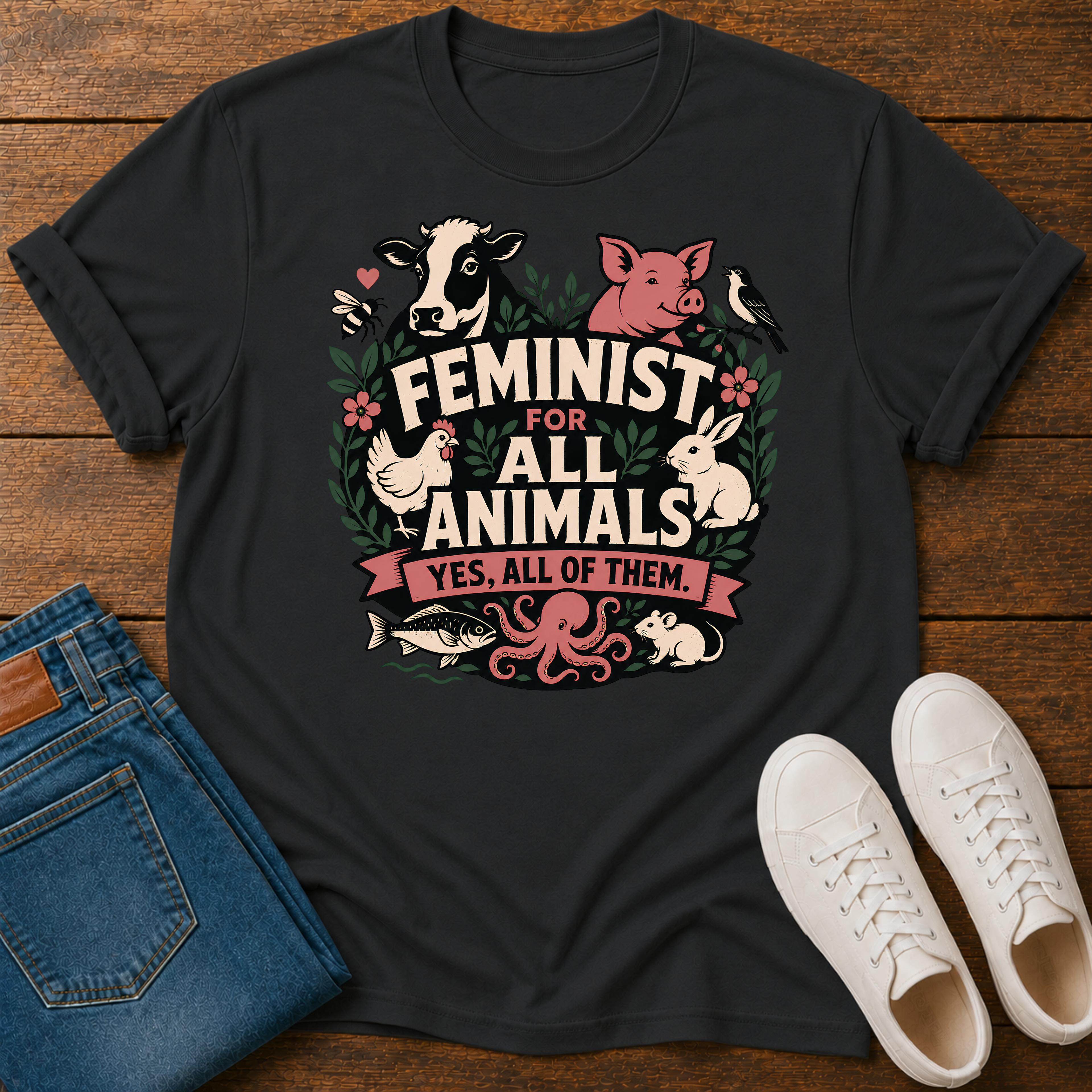 A black graphic t-shirt laid flat on a wooden surface, styled with folded blue jeans and white sneakers. The t-shirt features a colorful graphic of various farm and wild animals (cow, pig, chicken, rabbit, octopus, fish) surrounding the text 'FEMINIST FOR ALL ANIMALS YES, ALL OF THEM.