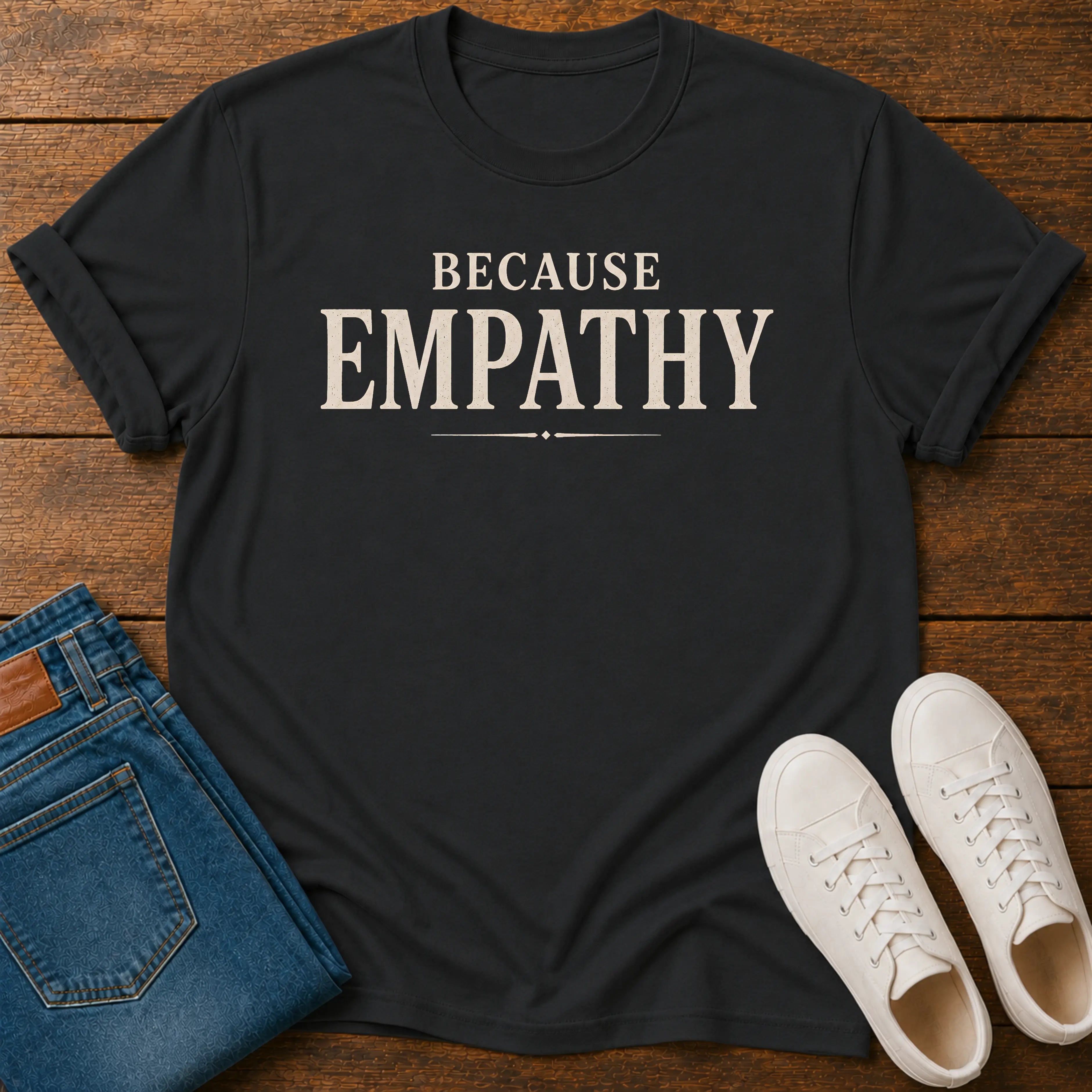 A black-shirt with the word 'EMPATHY' printed in large cream-colored letters, styled in a flat lay on a wooden background alongside folded blue jeans and a pair of white sneakers.