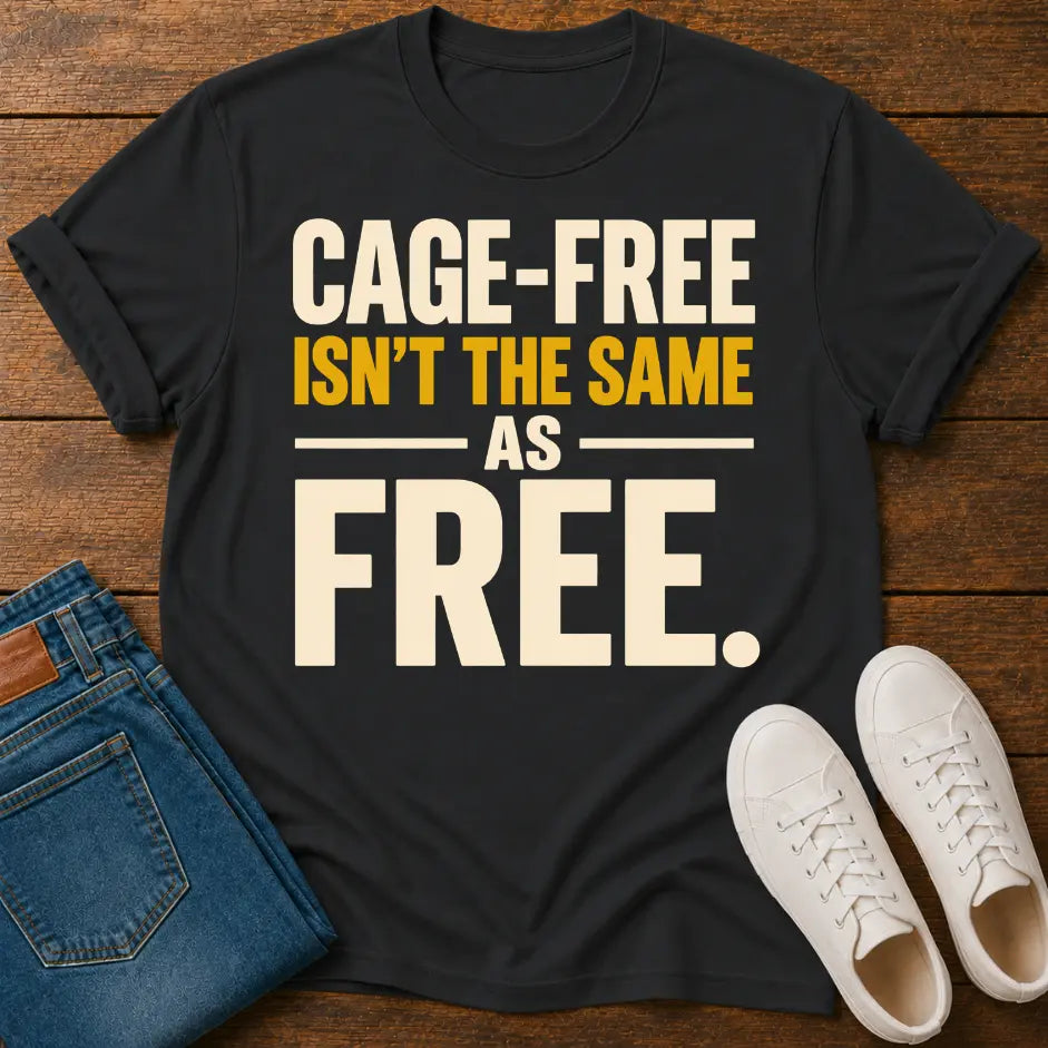 A black graphic T-shirt laid flat on a wooden surface, styled with folded blue jeans and white sneakers. The shirt has large text reading “CAGE-FREE ISN'T THE SAME AS FREE.