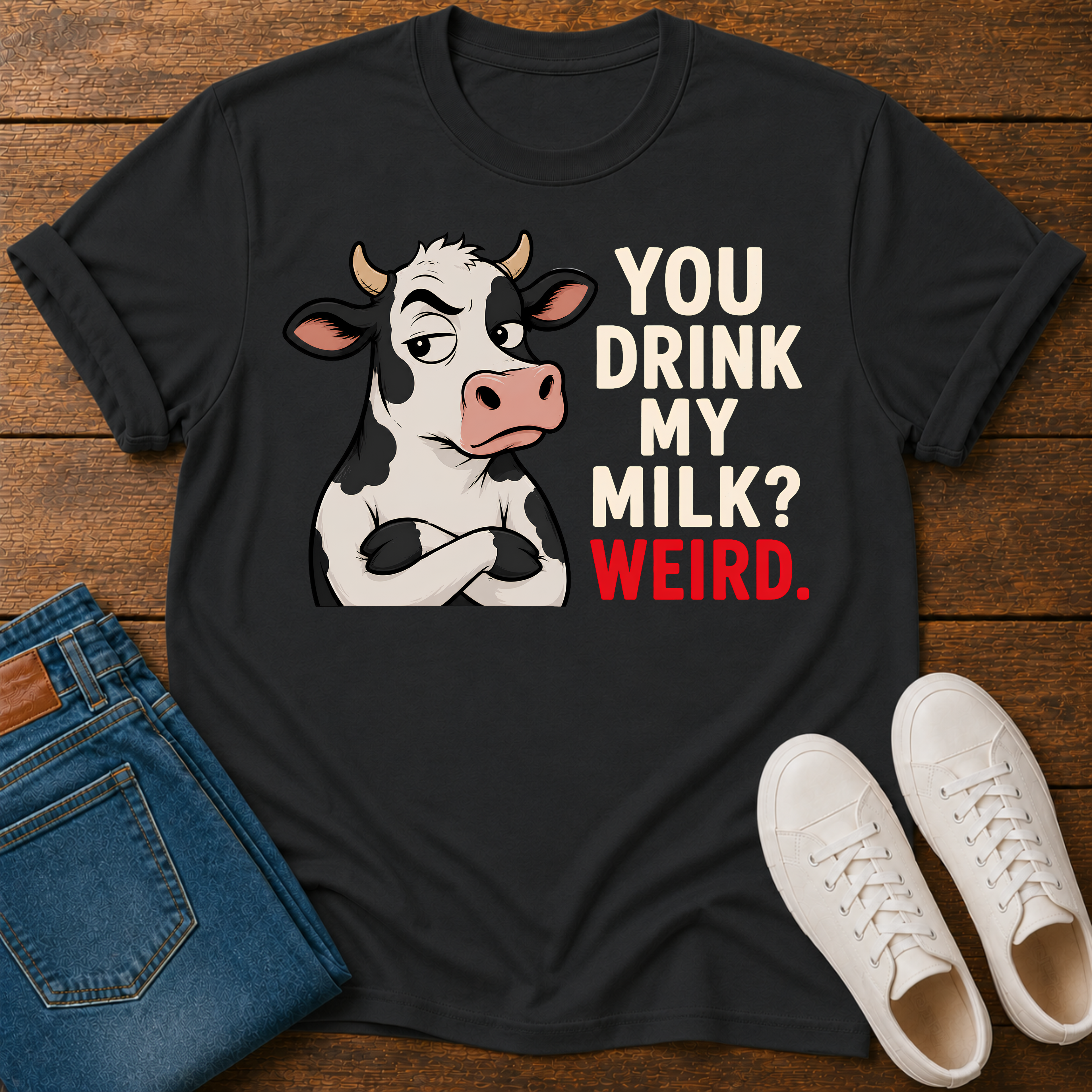 A black graphic t-shirt laid flat on a wooden surface, styled with blue jeans and white sneakers. The t-shirt features a cartoon cow with crossed arms next to the text 'YOU DRINK MY MILK? WEIRD.
