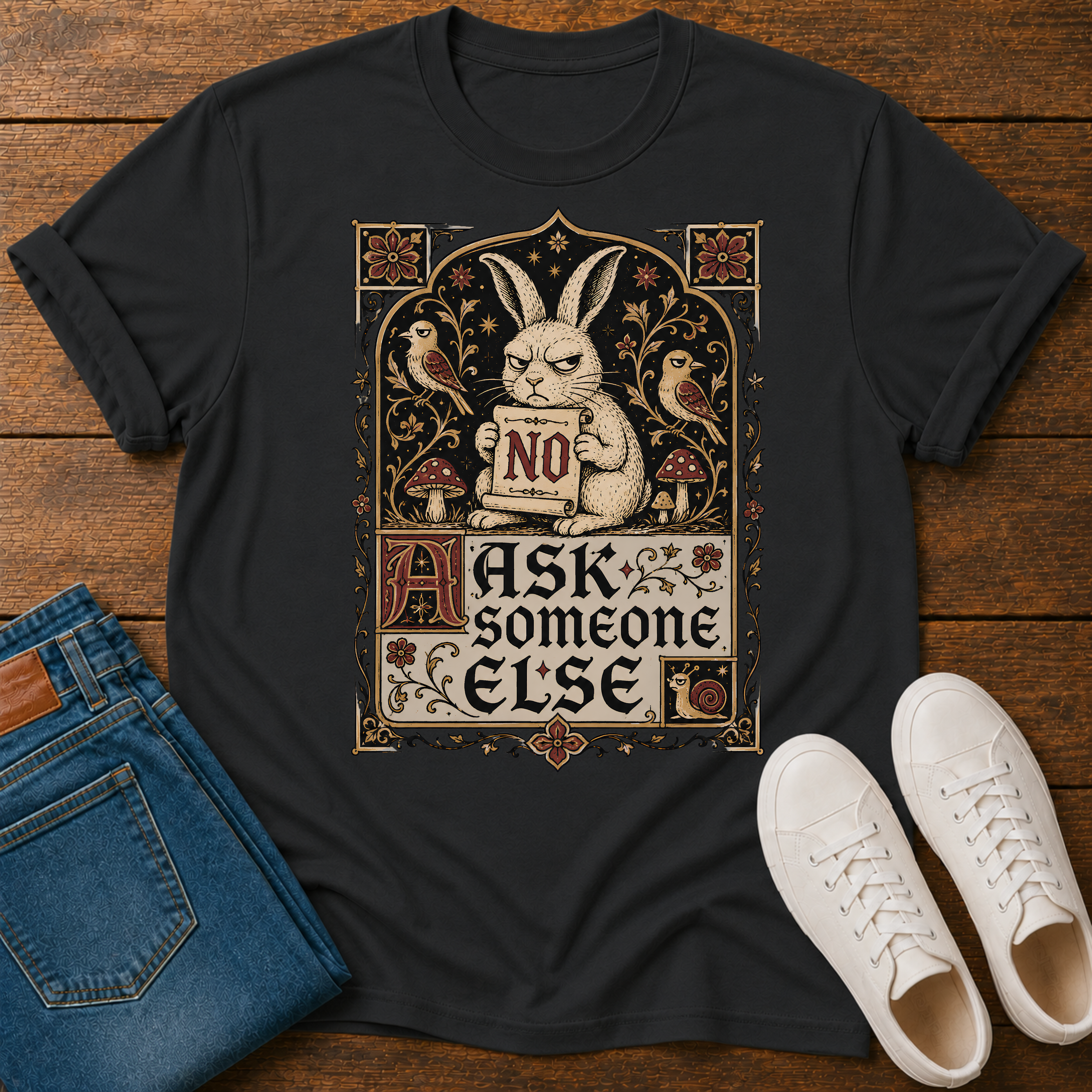 A black graphic t-shirt laid flat on a wooden surface, styled with folded blue jeans and white sneakers. The t-shirt features a vintage-style illustration of a rabbit holding a sign that says 'NO' surrounded by birds, mushrooms, and the text 'ASK someone ELSE'.