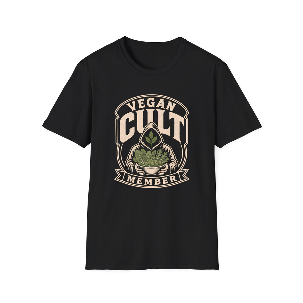 Black  t-shirt with text 'vegan cult member'
