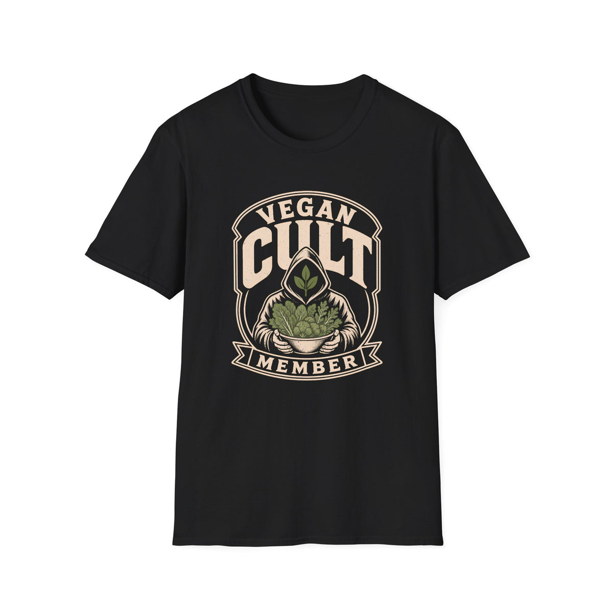 Black  t-shirt with text 'vegan cult member'