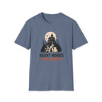 A slate blue crewneck t-shirt with a graphic on the chest showing a haunted house, bats, and three dogs in front of a full moon, with the text 'HAUNT HOUSES NOT ANIMALS' underneath.