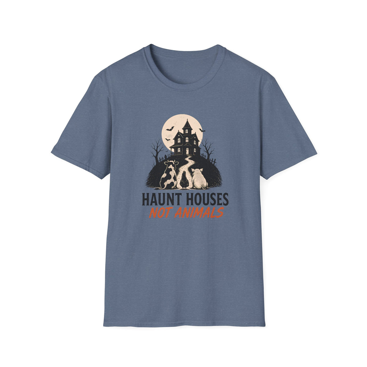 A slate blue crewneck t-shirt with a graphic on the chest showing a haunted house, bats, and three dogs in front of a full moon, with the text 'HAUNT HOUSES NOT ANIMALS' underneath.