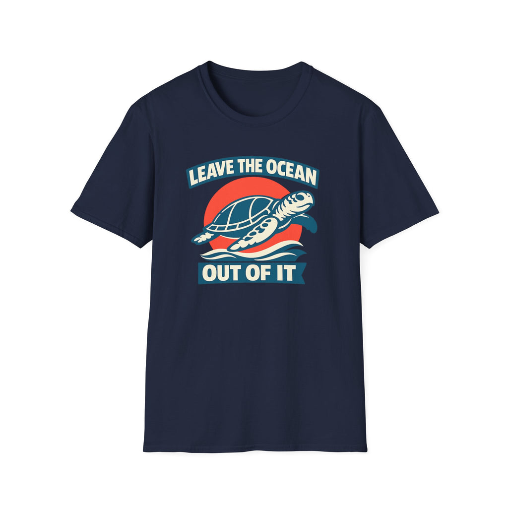 A blue short-sleeve crewneck t-shirt featuring a graphic print of a sea turtle swimming over blue waves in front of a red sun, with the text 'LEAVE THE OCEAN OUT OF IT' in white and blue.