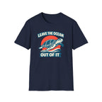 A blue short-sleeve crewneck t-shirt featuring a graphic print of a sea turtle swimming over blue waves in front of a red sun, with the text 'LEAVE THE OCEAN OUT OF IT' in white and blue.