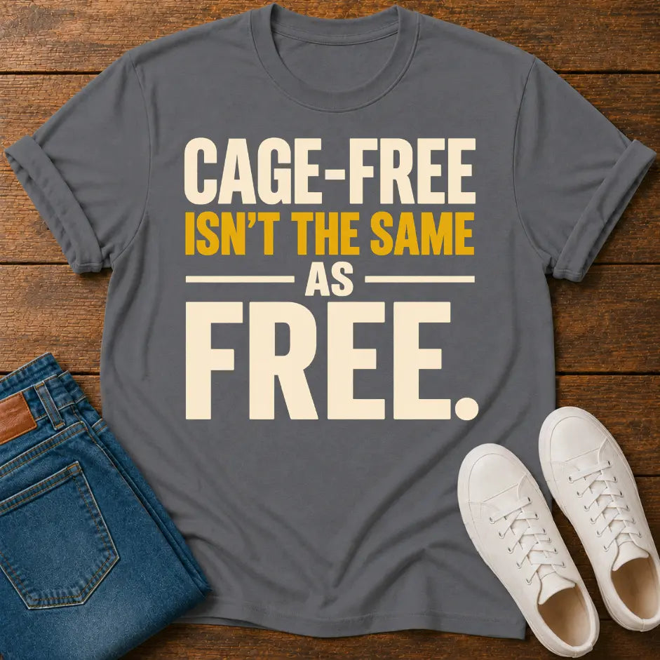 A dark gray graphic t-shirt laid flat on a wooden surface, styled with folded blue jeans and white sneakers. The t-shirt features the text 'CAGE-FREE ISN'T THE SAME AS FREE.