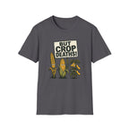 A dark gray crewneck t-shirt featuring a graphic print of cartoon corn plants with the text 'BUT CROP DEATHS!' on a white background.