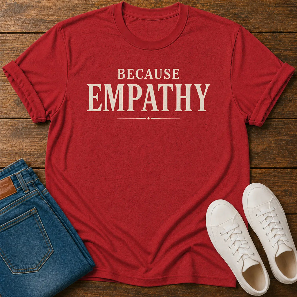 A red short-sleeve graphic T-shirt laid flat on a wooden surface, styled with folded blue jeans and a pair of white sneakers. The shirt has large cream text reading “BECAUSE EMPATHY” across the chest.
