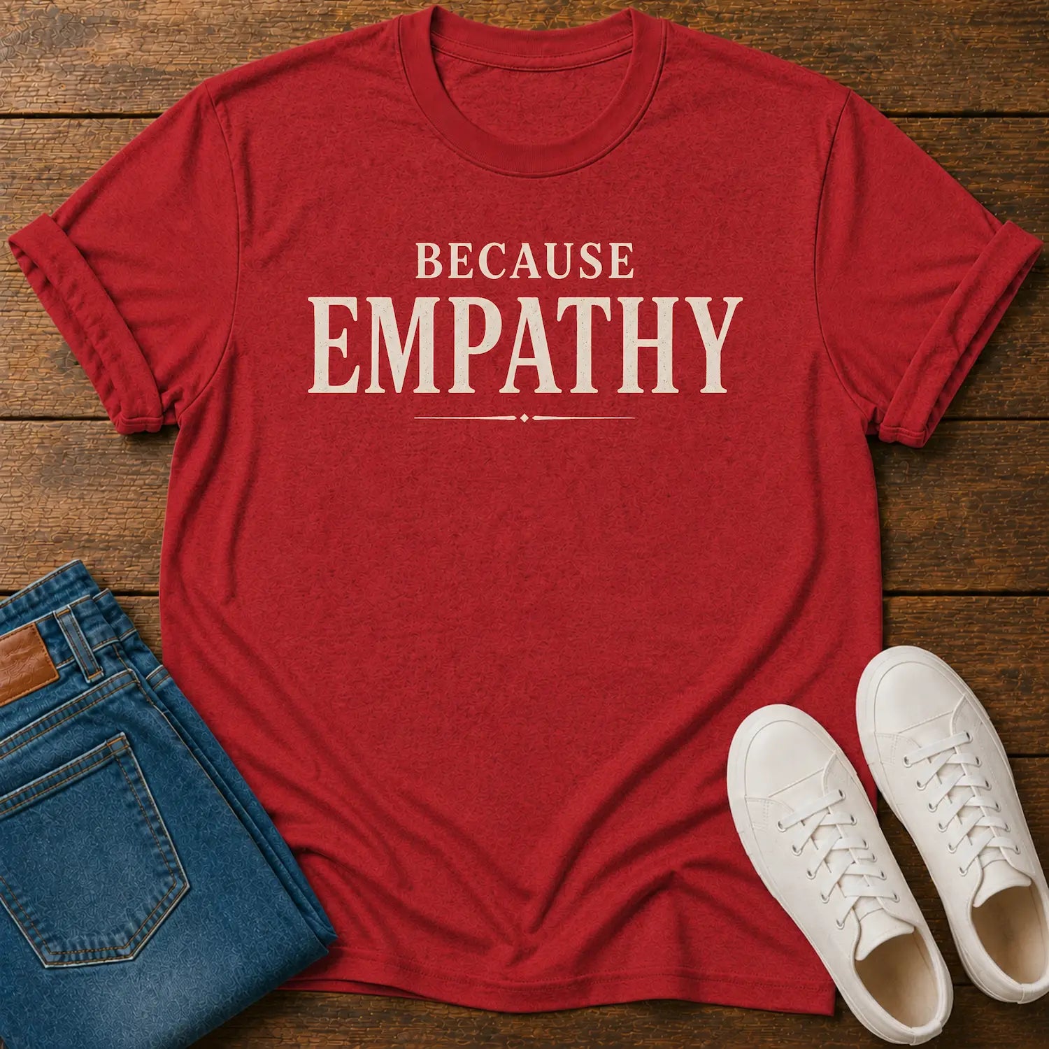A red short-sleeve graphic T-shirt laid flat on a wooden surface, styled with folded blue jeans and a pair of white sneakers. The shirt has large cream text reading “BECAUSE EMPATHY” across the chest.