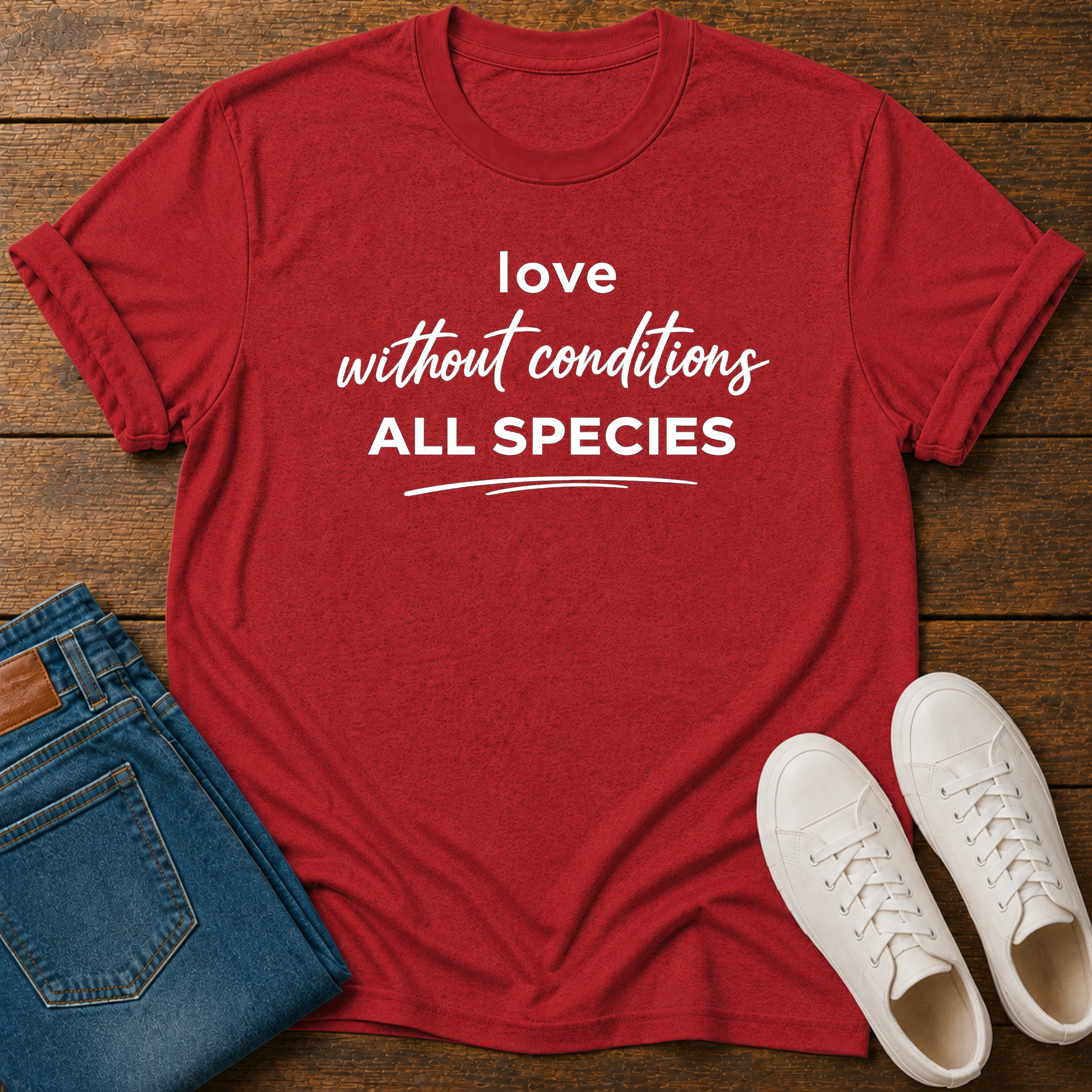 A red short-sleeve graphic T-shirt laid flat on a wooden surface, styled with folded blue jeans and a pair of white sneakers. The shirt has white text reading 'love without conditions ALL SPECIES.