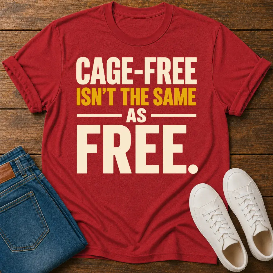 A red graphic T-shirt laid flat on a wooden surface, styled with folded blue jeans and white sneakers. The shirt has large text reading “CAGE-FREE ISN'T THE SAME AS FREE.