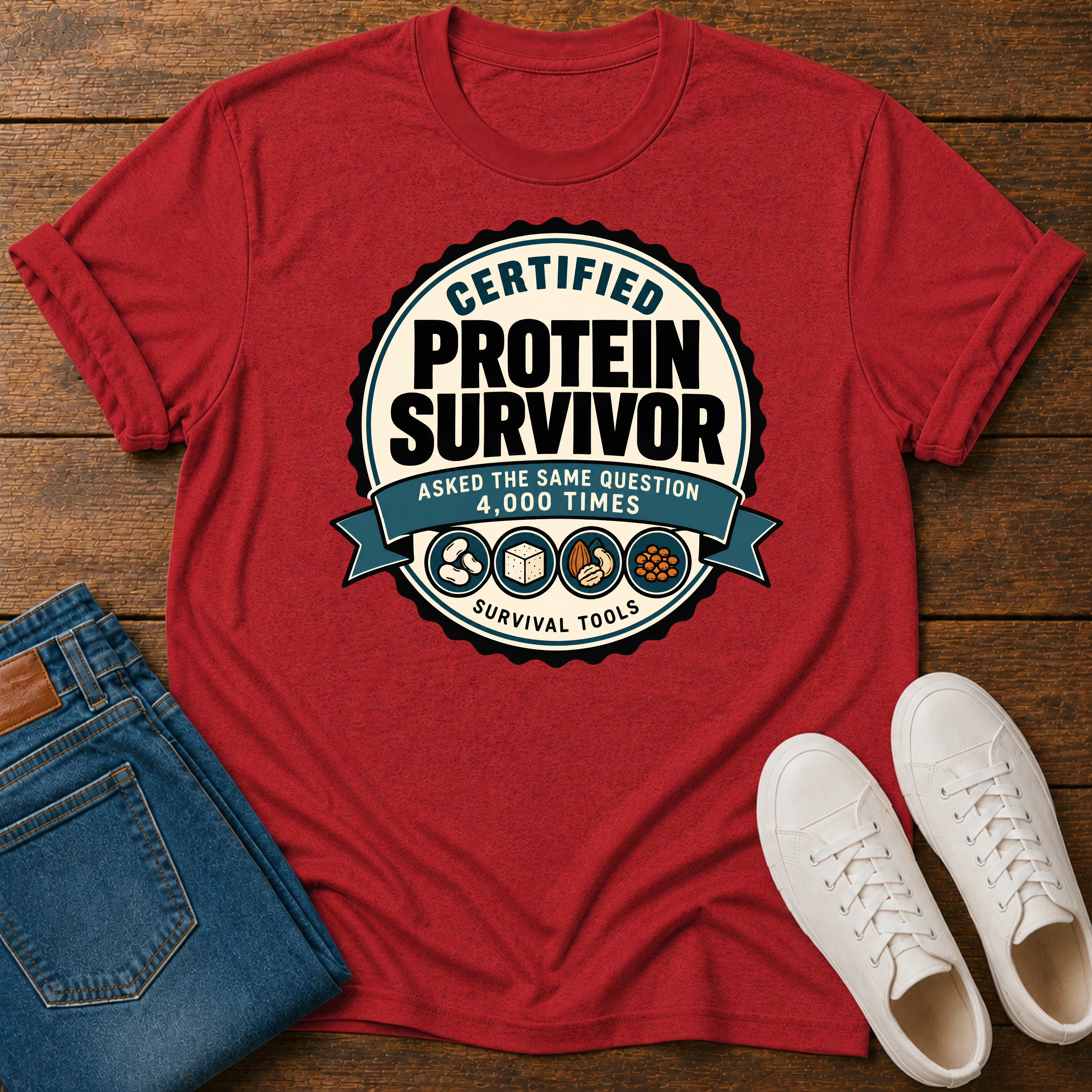 Retro badge style graphic reading "Certified Protein Survivor" with the words "Asked the Same Question 4,000 Times" and icons representing beans, tofu, nuts, and lentils.