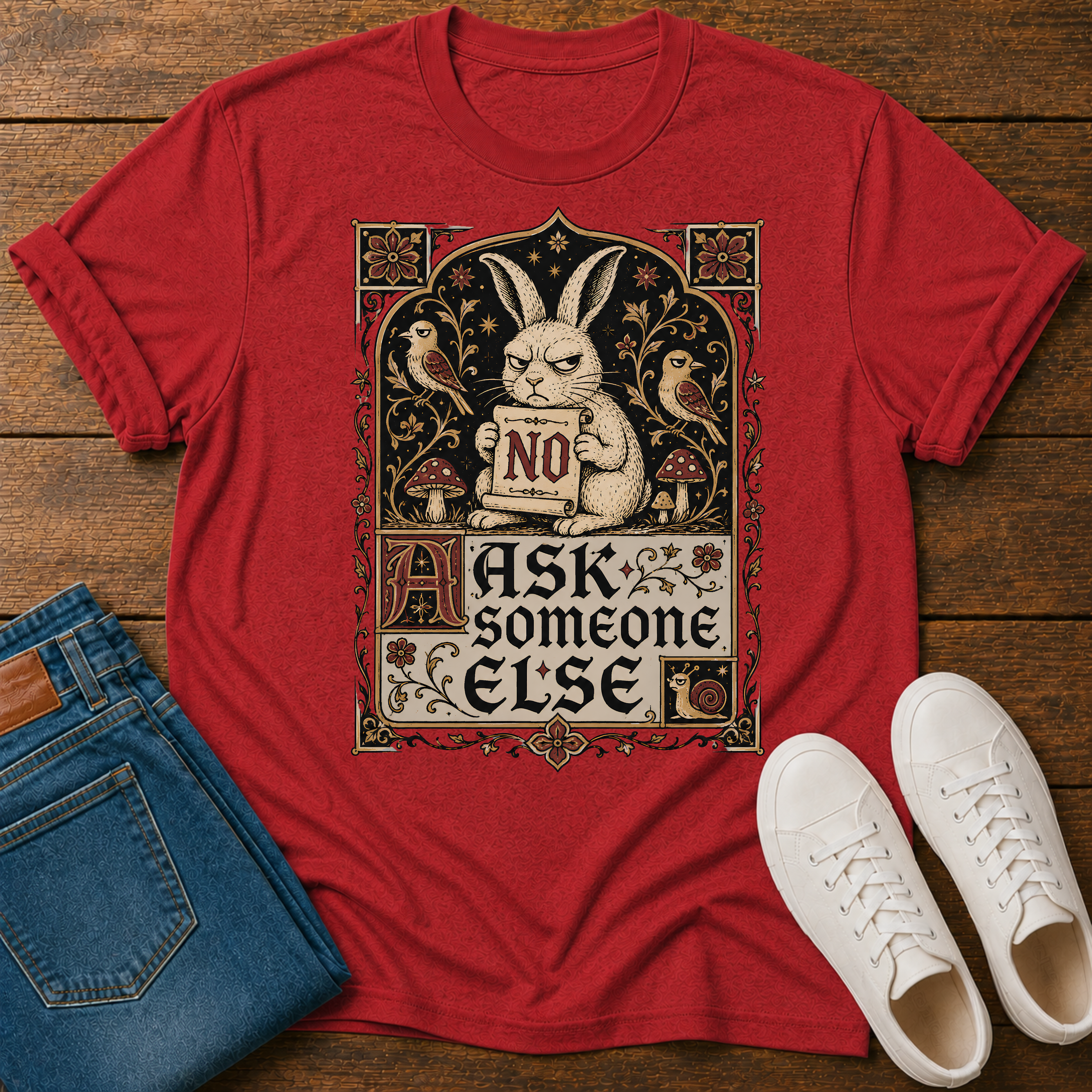 A red graphic t-shirt laid flat on a wooden surface, styled with folded blue jeans and white sneakers. The t-shirt features a vintage-style illustration of a white rabbit holding a sign that says 'NO' surrounded by birds and mushrooms, with the text 'ASK someone ELSE'.