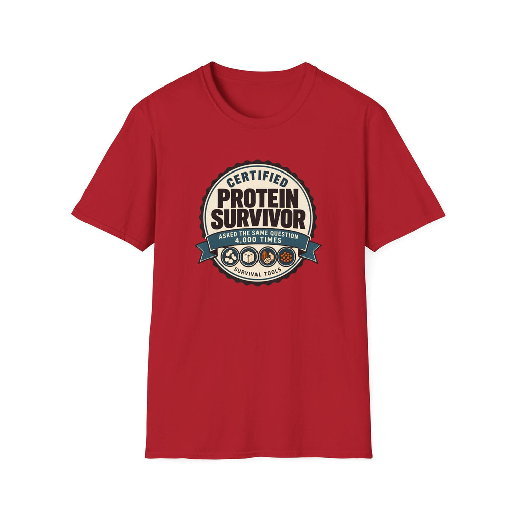 Retro badge style graphic reading "Certified Protein Survivor" with the words "Asked the Same Question 4,000 Times" and icons representing beans, tofu, nuts, and lentils.