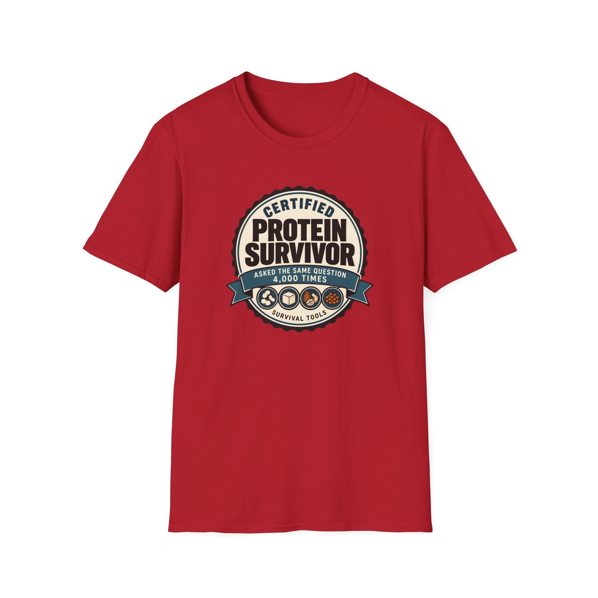 Retro badge style graphic reading "Certified Protein Survivor" with the words "Asked the Same Question 4,000 Times" and icons representing beans, tofu, nuts, and lentils.