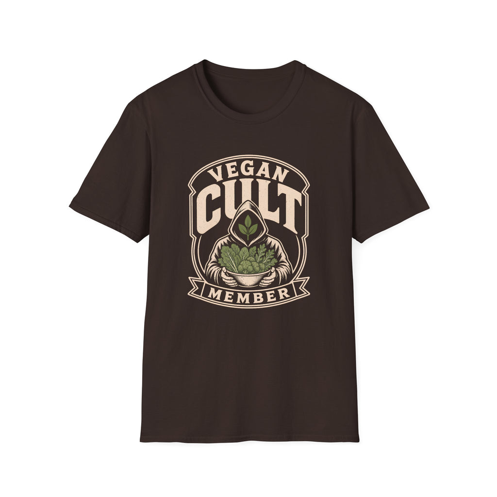 Chocolate brown t-shirt with text 'vegan cult member'