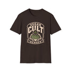 Chocolate brown t-shirt with text 'vegan cult member'