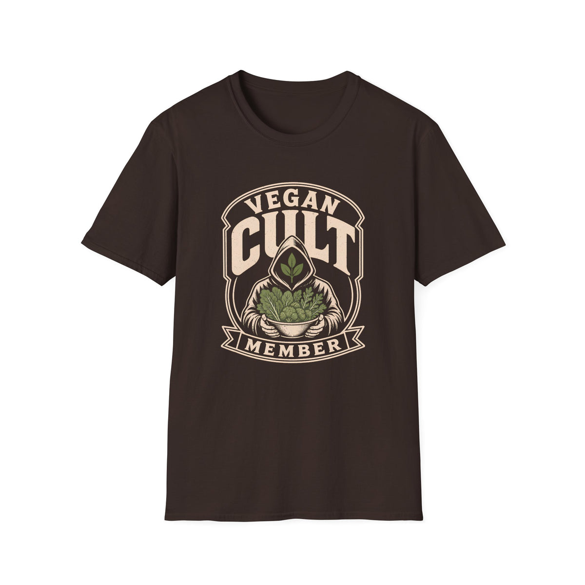 Chocolate brown t-shirt with text 'vegan cult member'