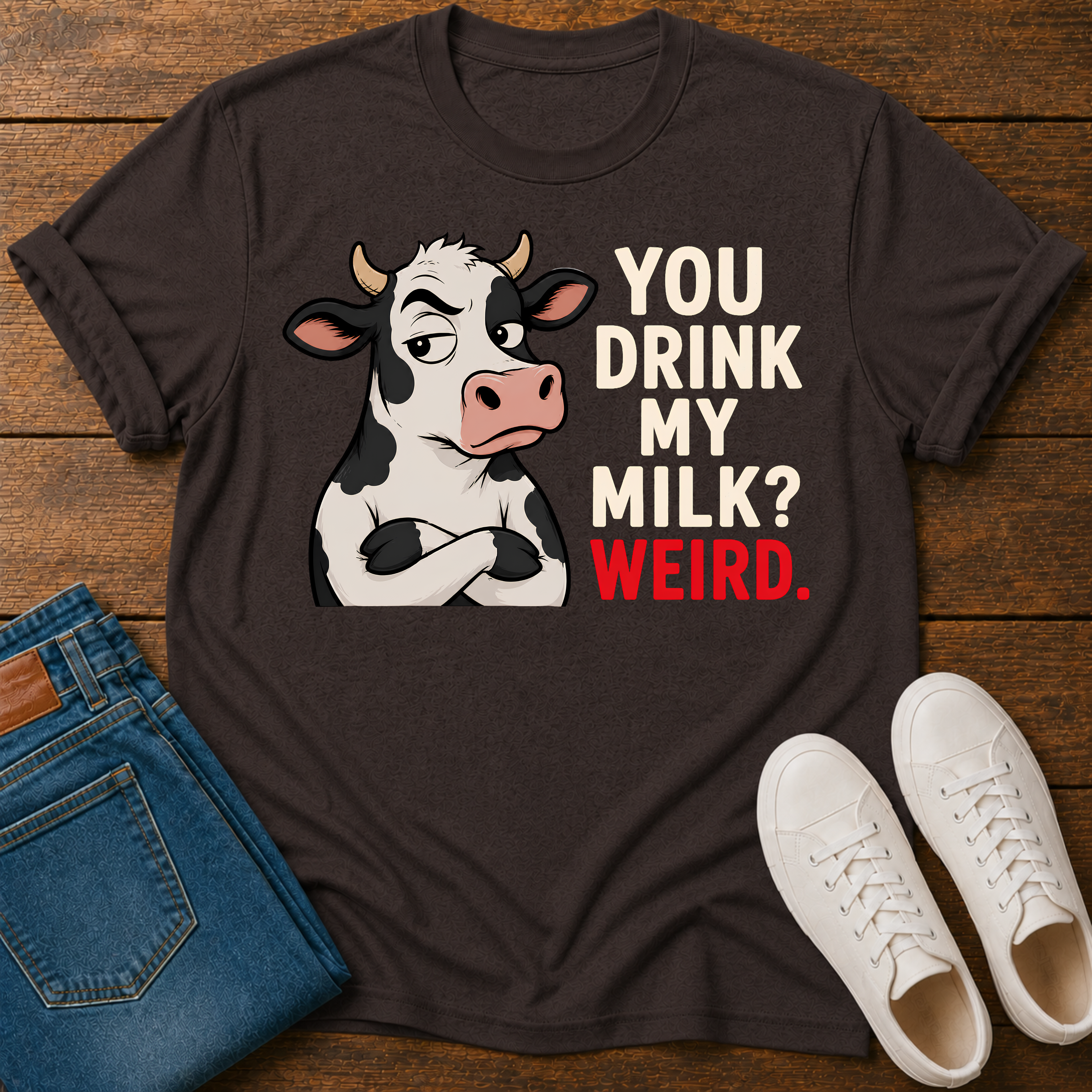 A dark brown graphic t-shirt laid flat on a wooden surface, styled with folded blue jeans and white sneakers. The t-shirt features a cartoon cow with crossed arms next to the text 'YOU DRINK MY MILK? WEIRD.