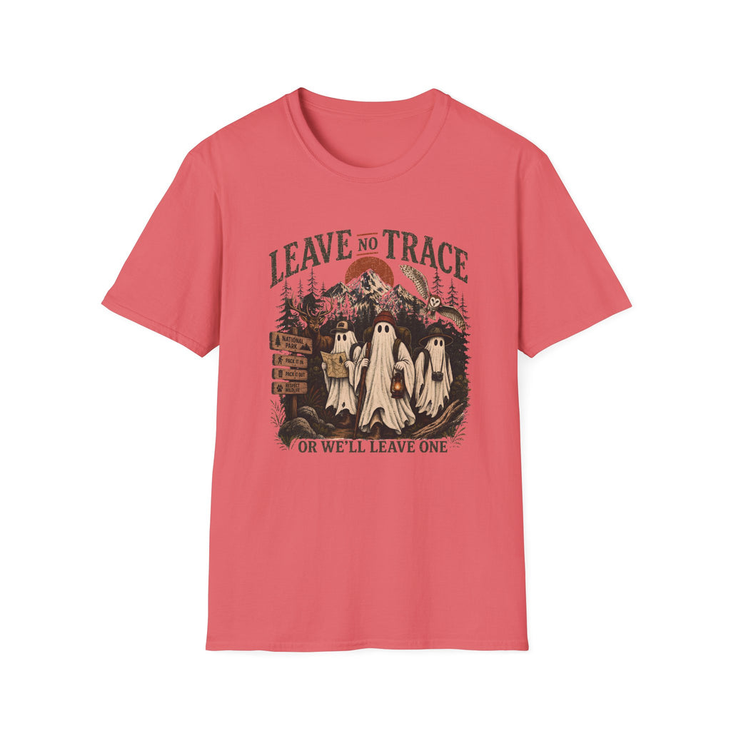 A coral pink short-sleeve t-shirt with a vintage-style Halloween graphic on the chest. The graphic features three ghosts, a graveyard, a tree, and the text 'LEAVE NO TRACE OR WE'LL LEAVE ONE'.