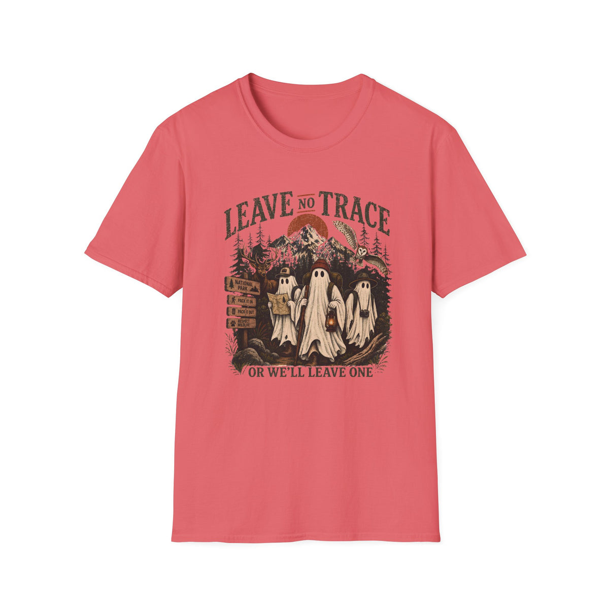 A coral pink short-sleeve t-shirt with a vintage-style Halloween graphic on the chest. The graphic features three ghosts, a graveyard, a tree, and the text 'LEAVE NO TRACE OR WE'LL LEAVE ONE'.