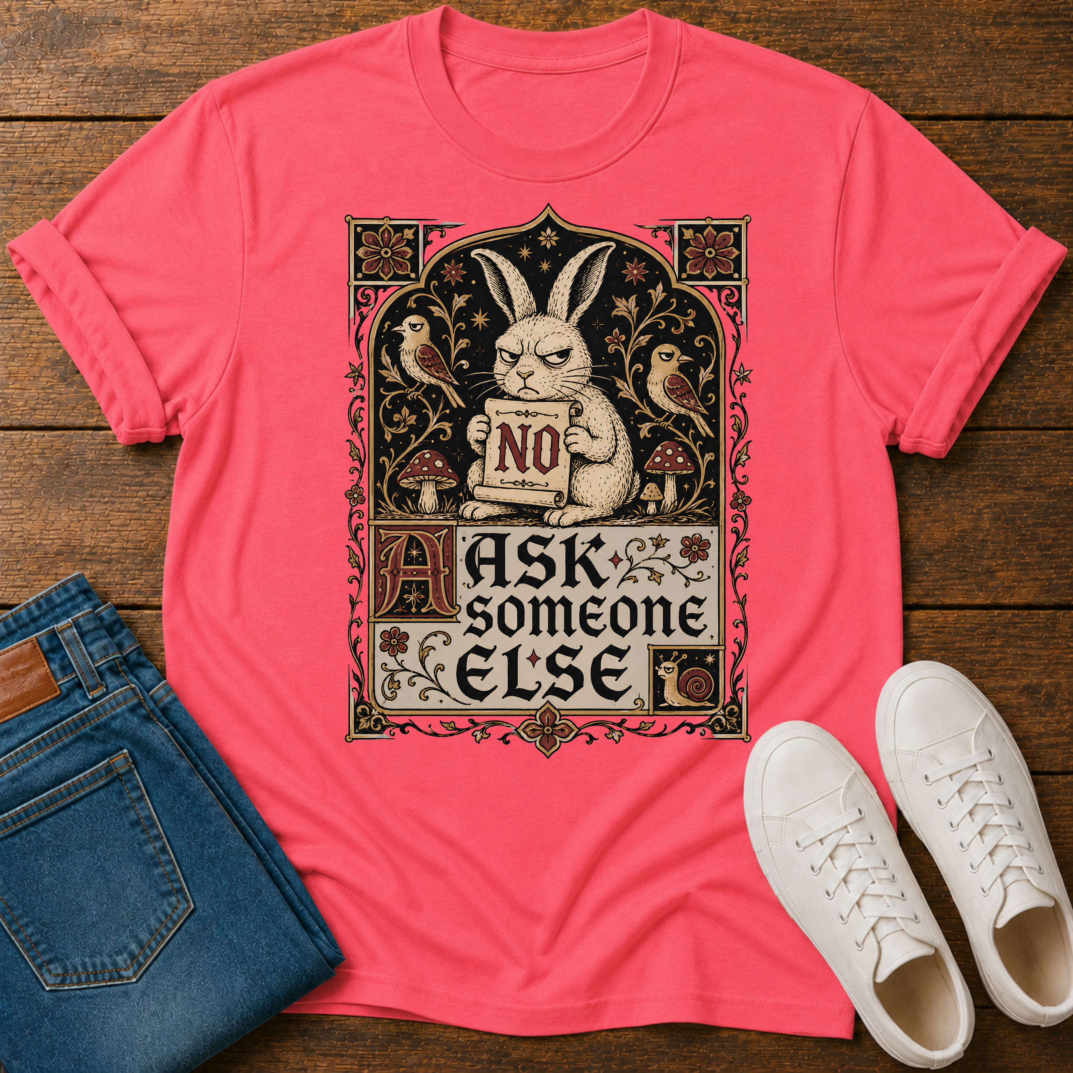 A coral pink graphic t-shirt laid flat on a rustic wooden background, styled with folded blue jeans and white sneakers. The t-shirt features a vintage-style illustration of a rabbit holding a sign that says 'NO' surrounded by birds and mushrooms, with the text 'ASK someone ELSE' below.