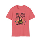 coral t-shirt with a graphic of a woman eating salad and non vegan questions being thrown at her with text 'what i eat is not a group project" on a wooden board with jeans and sneakers