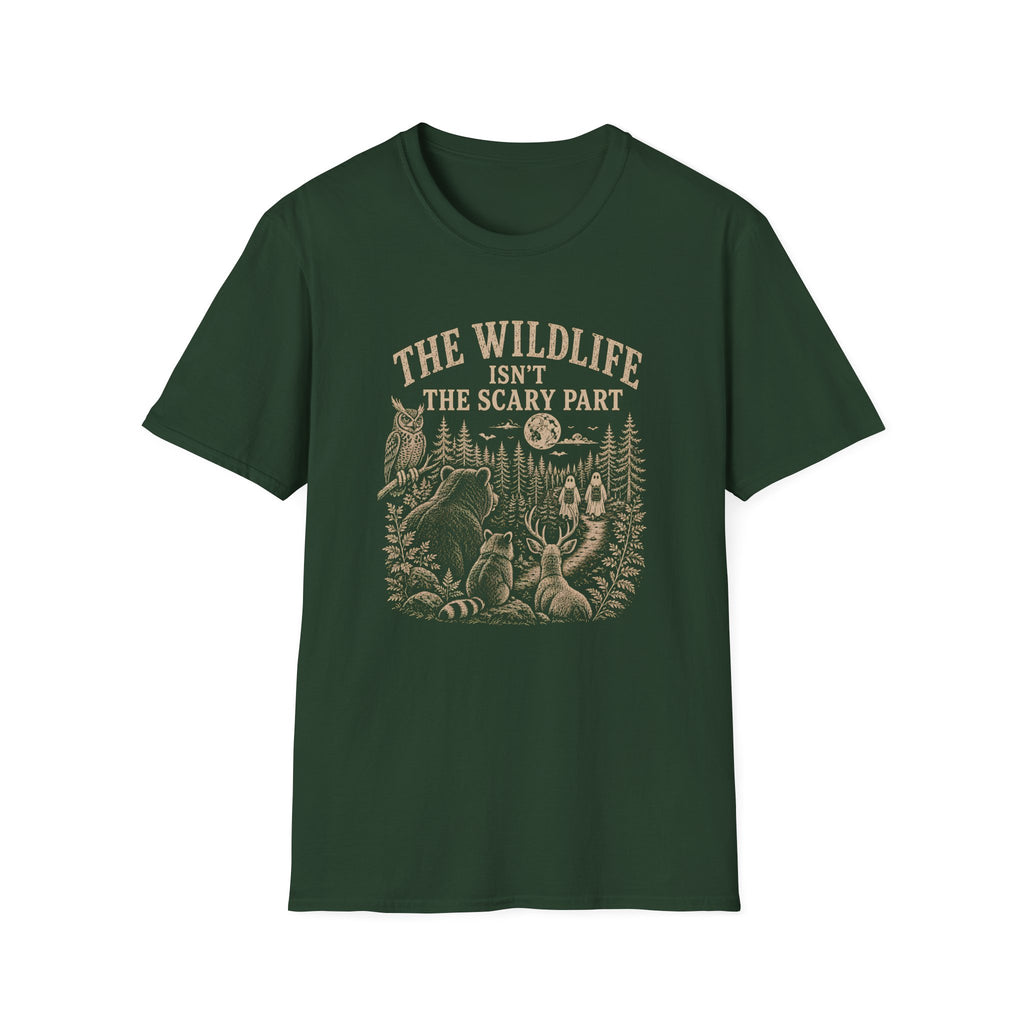 Forest green t-shirt with nature graphic of animals and halloween characters walking up a path and text 'the wildlife isn;t the scary part
